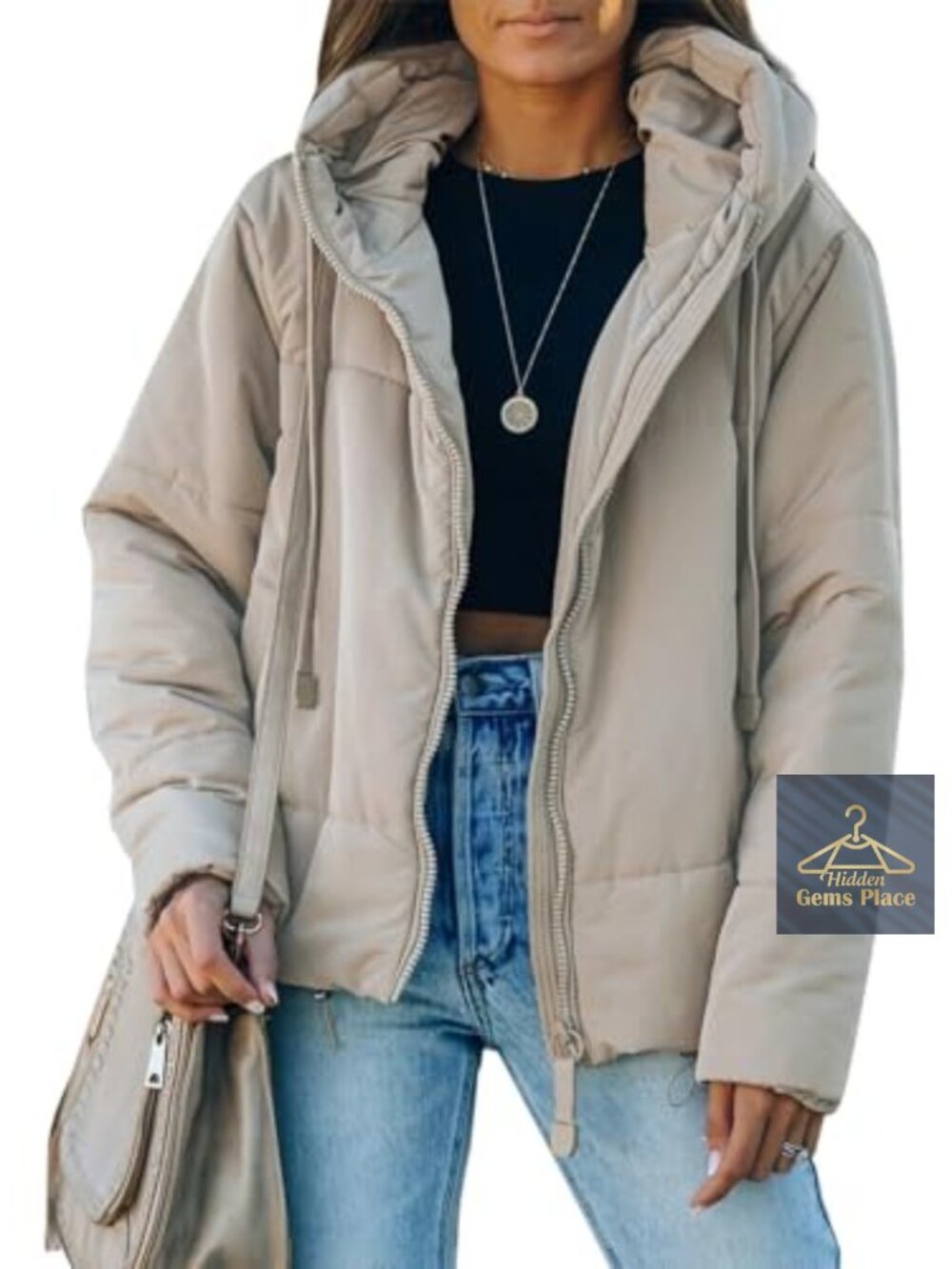Women's Short Hooded Puffer Jacket Full Zipper Insulated Winter